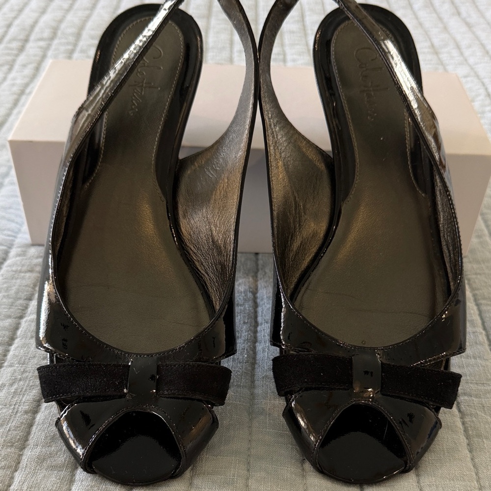 Cole Haan Black Patent Peep-Toe Slingback Heels with Bow Accent